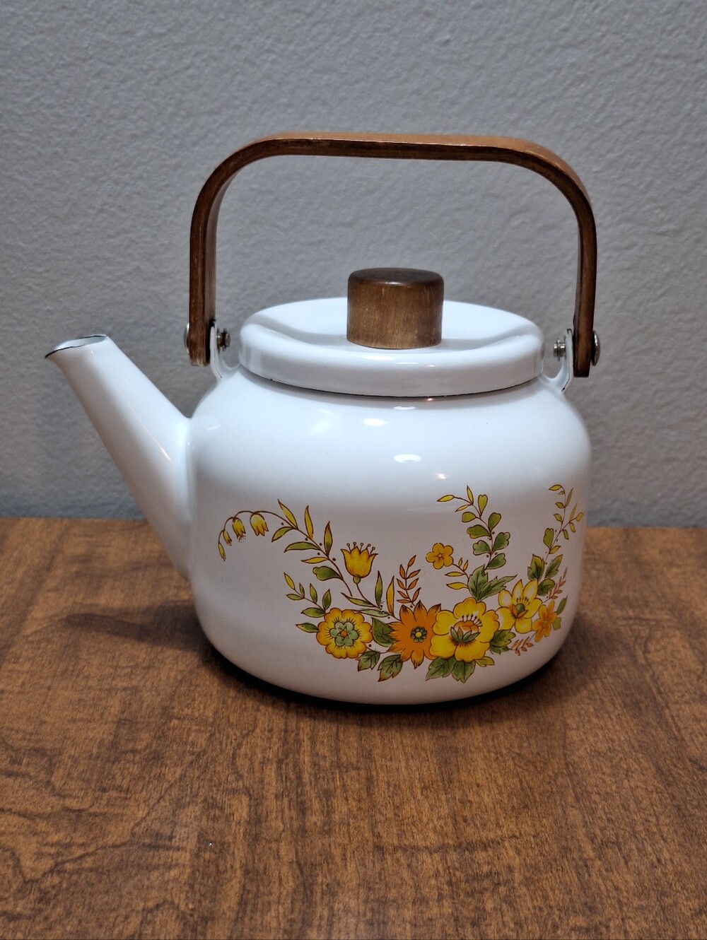 Vtg White Enamelware Tea Kettle 70s Retro Yellow Orange Floral Cottagecore Decor